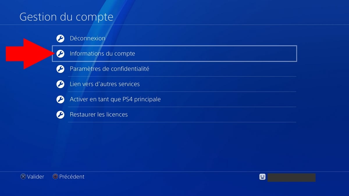 Section Informations du compte sur PS4 pour modifier l'ID en ligne PlayStation