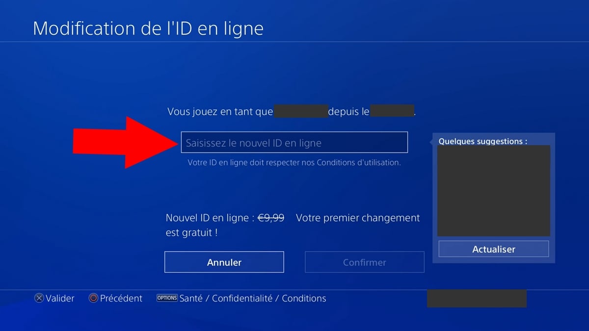 Saisie d'un nouvel ID en ligne PlayStation sur console PS4