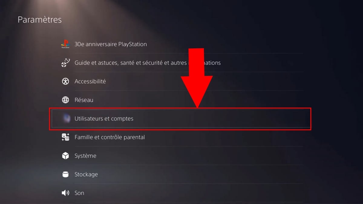 Menu Utilisateurs et comptes dans les paramètres PS5 pour changer son ID en ligne