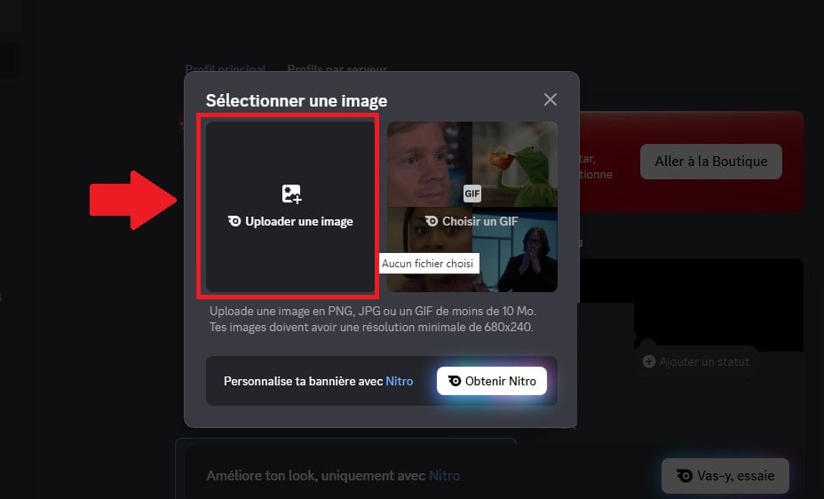 Captura de pantalla de la opción «Subir una imagen» para cambiar el banner en Discord.