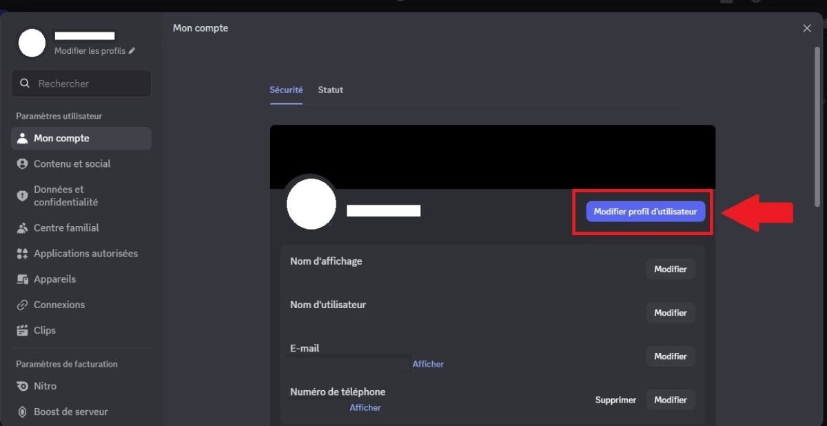 Captura de pantalla de los ajustes del perfil de usuario en Discord