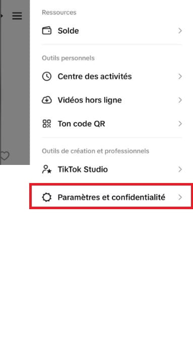 TikTokメニューの「設定とプライバシー」オプション。.