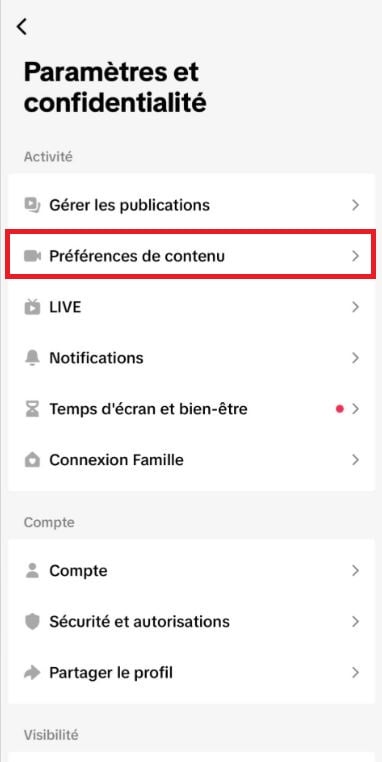 TikTokの設定にある「コンテンツ設定」メニュー。.
