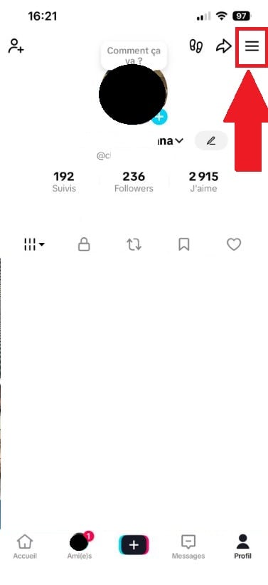 3本の水平線アイコンが付いたTikTokプロフィールのサイドメニュー。.