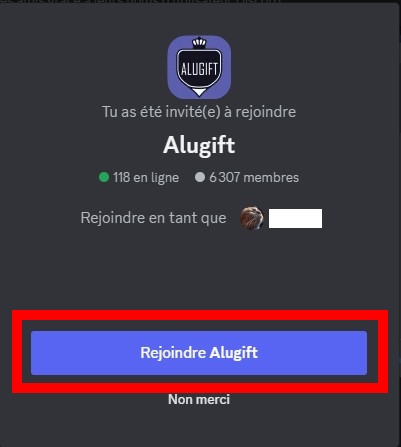 Acceptation de rejoindre Alugift sur Discord 