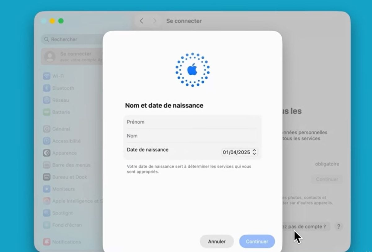 Indtast dit navn og din fødselsdato for at fortsætte med at oprette kontoen på Mac.