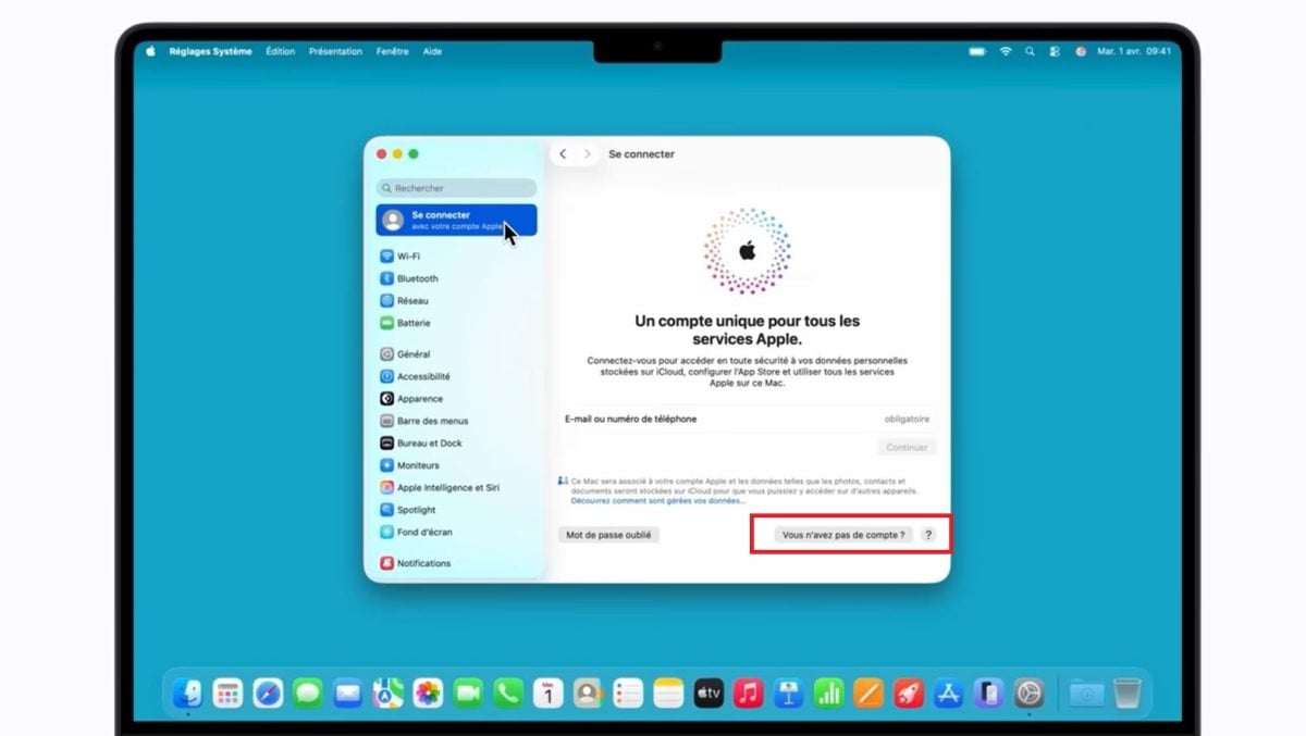 Vælg "Har du ikke en konto?" for at oprette en ny Apple-konto på Mac.
