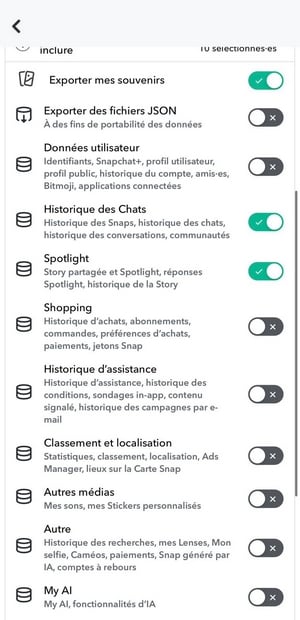 Snapchatにエクスポートするデータの選択