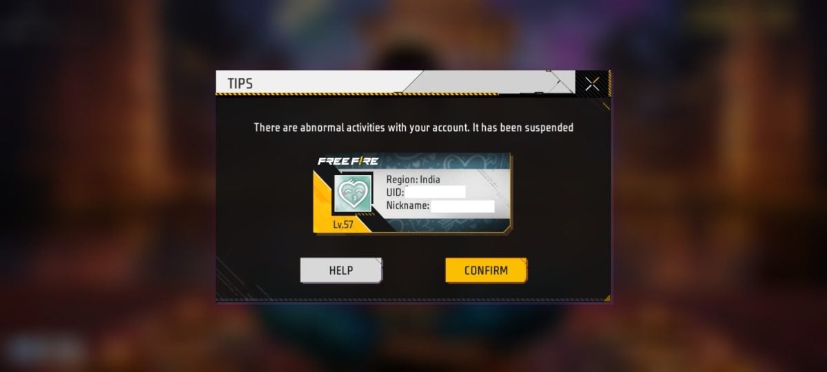 Immagine che mostra un account di Free Fire bannato a causa di un'attività sospetta. 