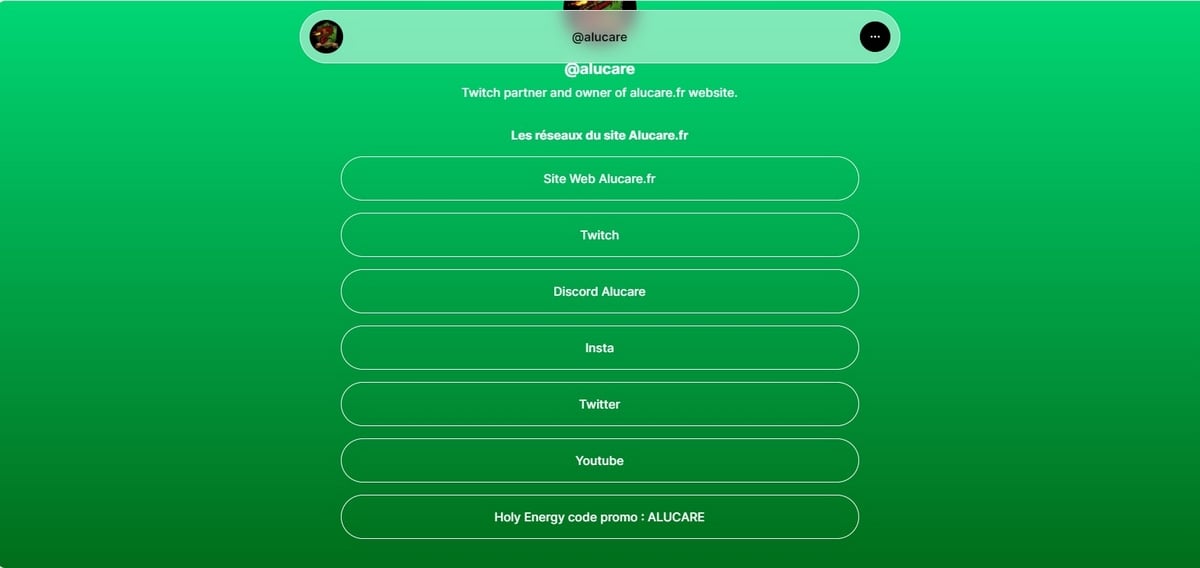 ウェブサイト所有者Alucare.frのLinktreeページの画面
