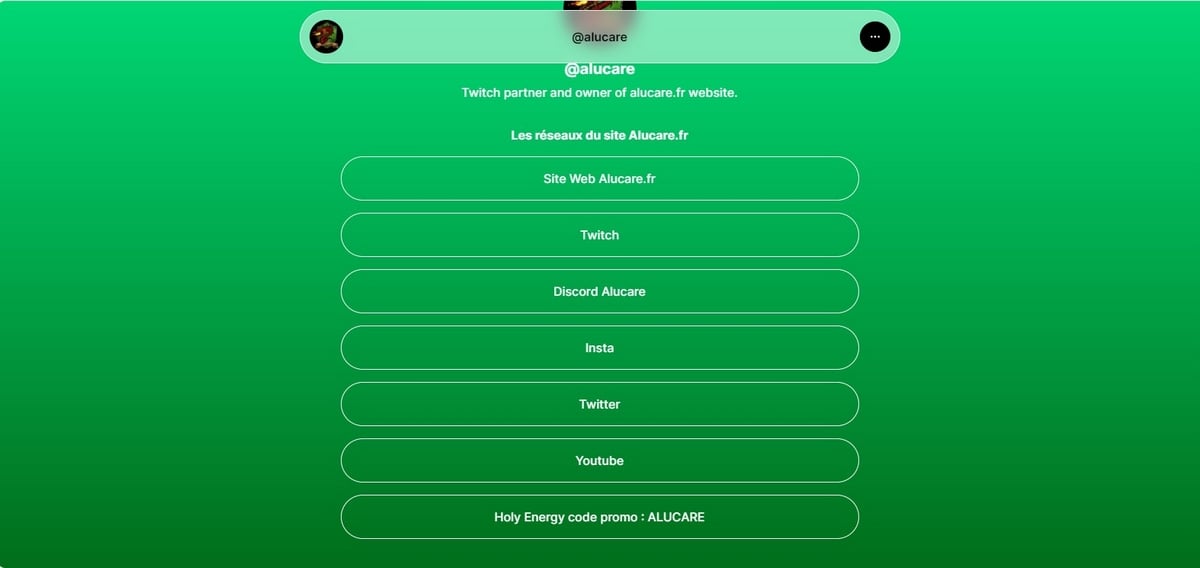 Screen de la page Linktree du propriétaire du site Alucare.fr