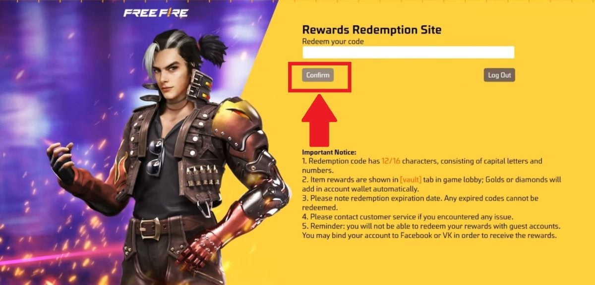 Schaltfläche Bestätigen nach Eingabe des Free Fire redeem code