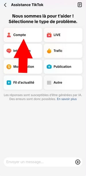 TikTokのヘルプセクションにある「アカウント」をクリックしてください