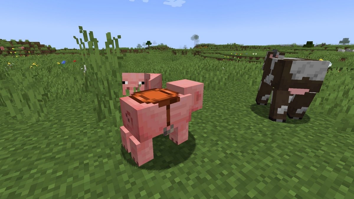 Imagen de una silla de montar en un cerdo en Minecraft