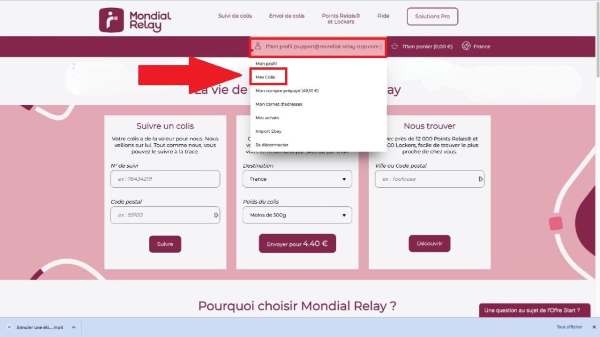 Mondial Relayのウェブサイトにある「マイページ」にアクセスし、「顧客プロフィール」から「私の荷物」タブを選択してください。.