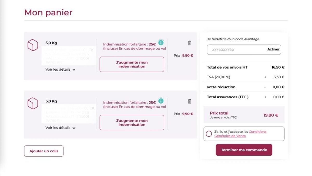 Mondial Relayのサイトでカートを確定する。.