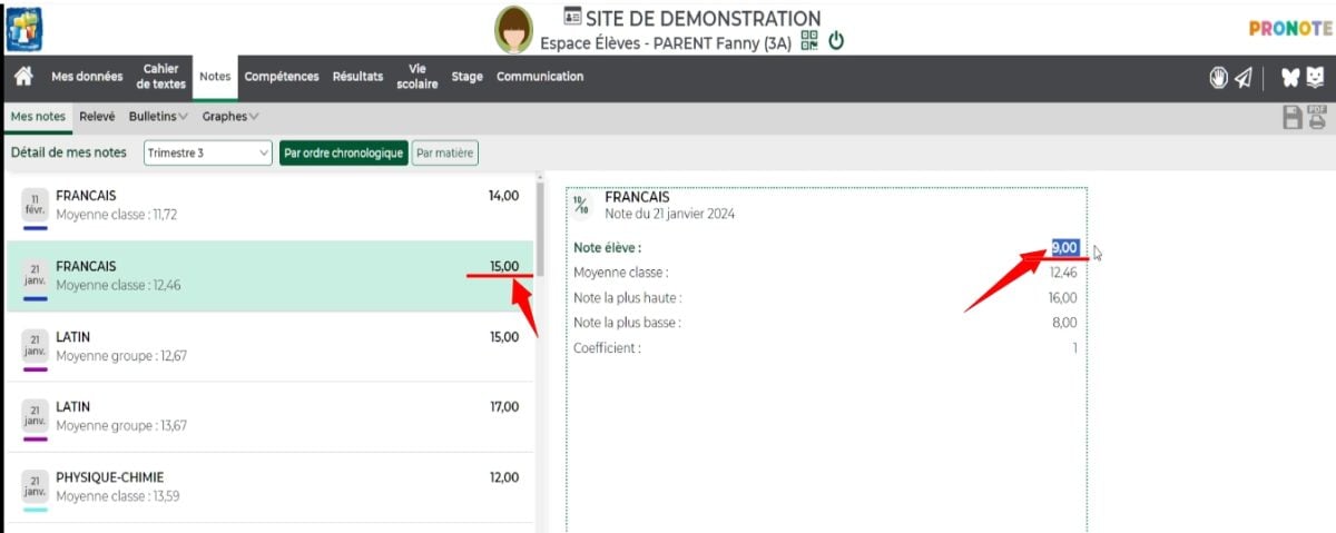 Tangkapan layar situs web Pronote 