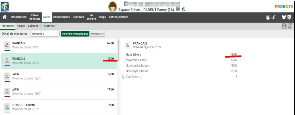Tangkapan layar situs web Pronote 