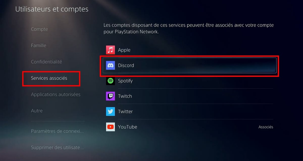 Выбор «Discord» в разделе «Связанные услуги»