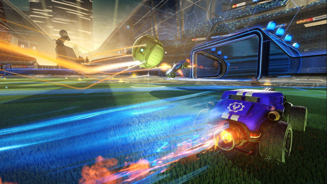 Вот взгляд на геймплей Rocket League, в котором машина гонится за мячом, пытаясь забить гол.