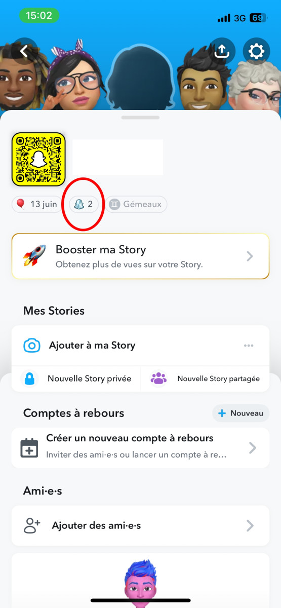 Snapchat interface-skærm, der viser en snap-score 
