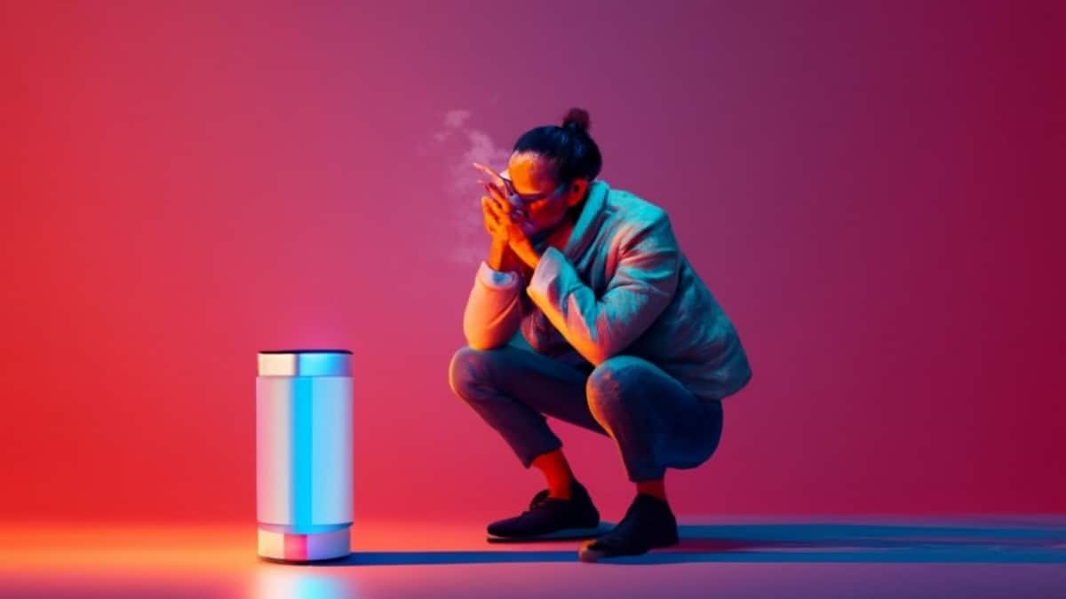 Imagem de uma pessoa a respirar ar fresco utilizando um purificador de ar. 