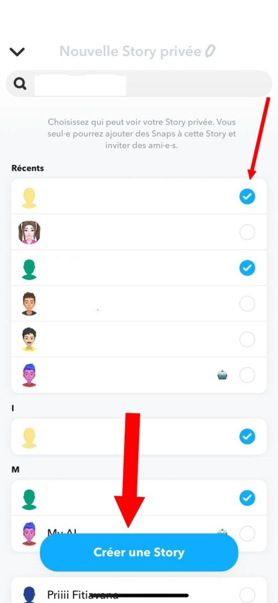 Erstellen Sie eine private Story auf Snap. Schritt 3: Auswahl der Personen, die die Story sehen können. ©️ Princia für Alucare
