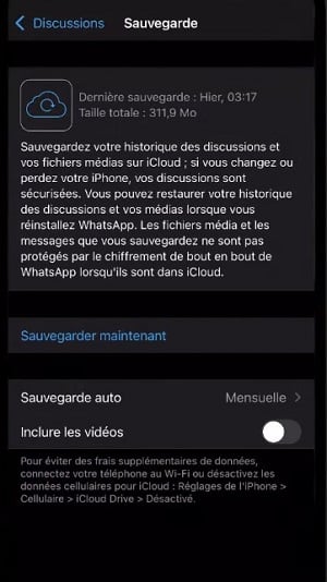 État de la sauvegarde sur WhatsApp sur iPhone
