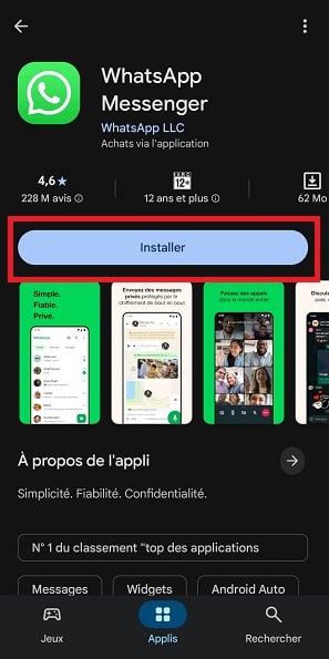 Réinstallation de WhatsApp via Play Store