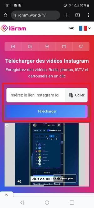 Ajout du lien de la vidéo à télécharger sur iGram