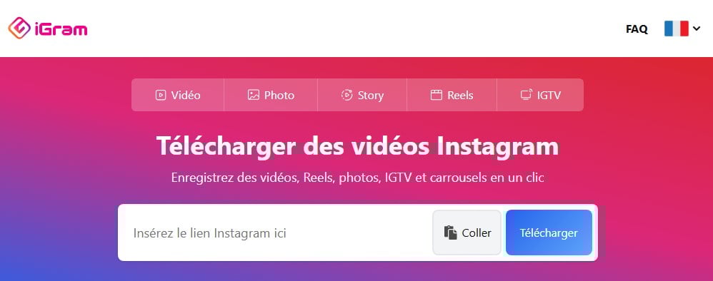 Interface du téléchargeur de photos et de vidéos Instagram iGram