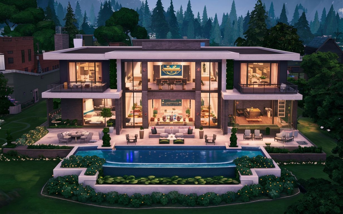 Ilustração do projeto de uma casa de milionário no SIMS 4 