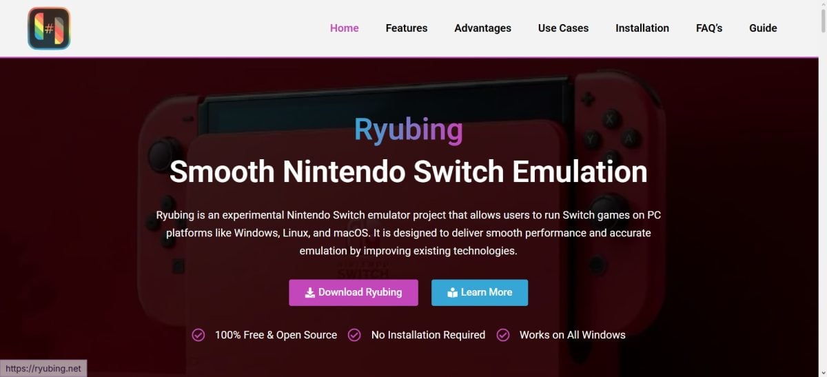 Screenshot showing the Ryubing emulator's home page