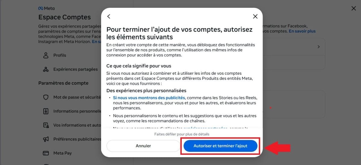Autoriser et terminer l'association des deux comptes
