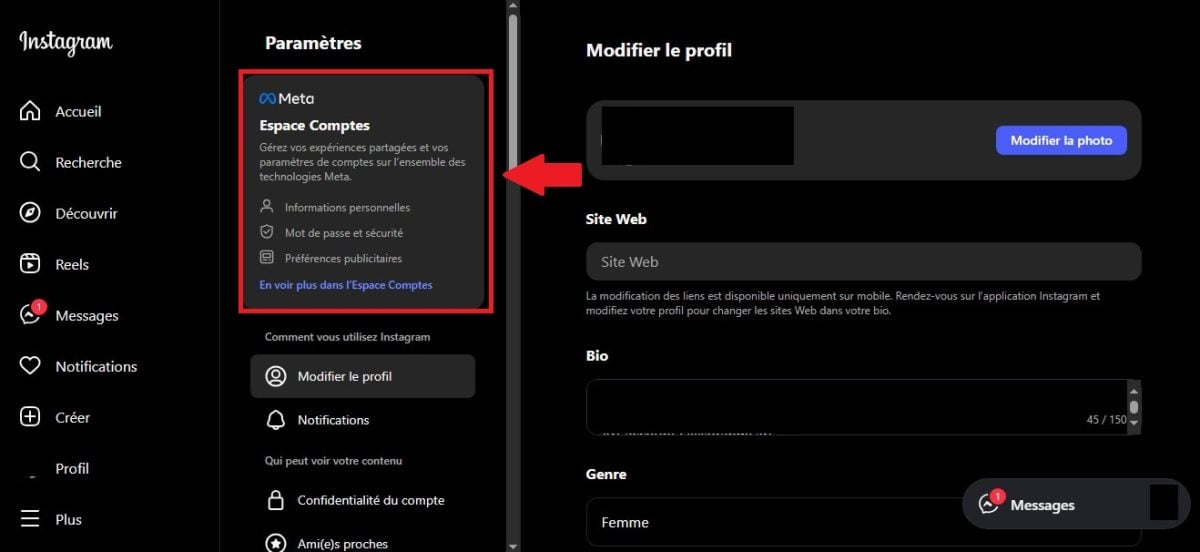 Option Espace comptes sur Instagram sur ordinateur