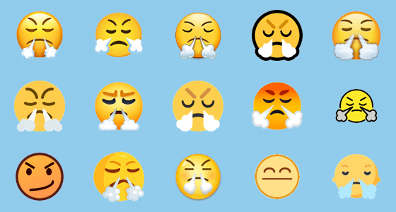 Imagen ilustrativa de los diferentes aspectos de la cara emoji con humo saliendo de las fosas nasales