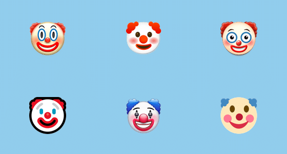 Illustration en image des différentes apparences de l'émoji clown