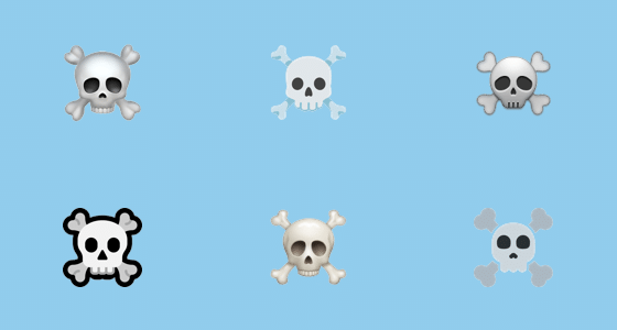 Bilddarstellung der verschiedenen Erscheinungsformen des Totenkopf-Emojis mit gekreuzten Knochen