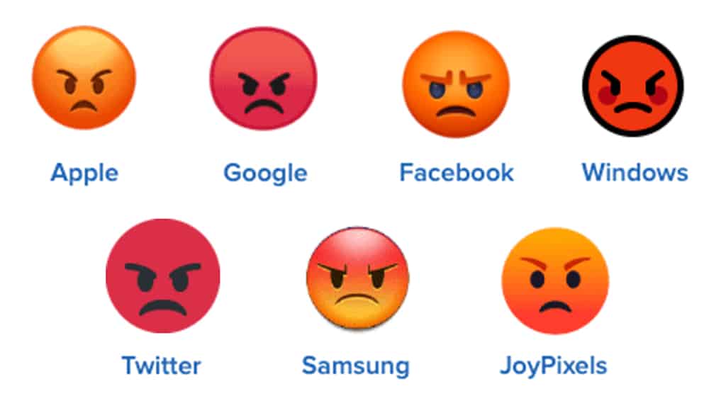 Picture illustration of the different looks of the pouting face emoji