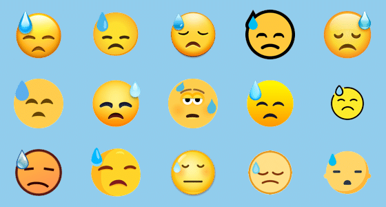 Bildillustration verschiedener Looks von niedergeschlagenem Gesichts-Emoji mit Schweißtropfen