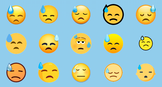 Picture illustration of different looks of dejected face emoji with sweat drop