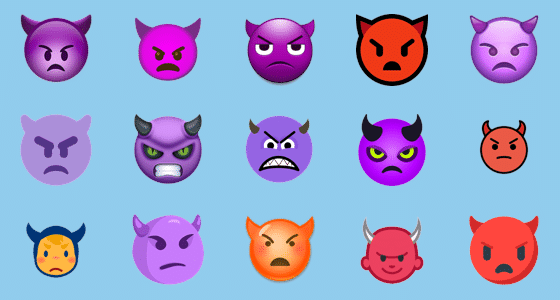 Illustration en image des différentes apparences de l'émoji visage diabolique en colère