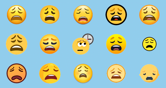 Picture illustration of the different looks of the exhausted face emoji