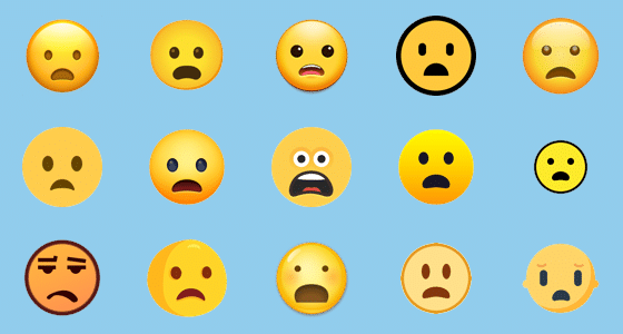 Immagine illusatration di diverse forme di emoji faccia scontenta con la bocca aperta