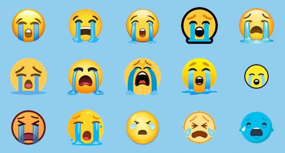 Illustrazione pittorica delle diverse apparenze dell'emoji che piange