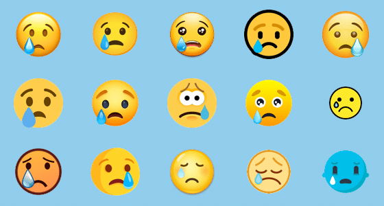 Picture illustration of the different appearances of crying face emojis