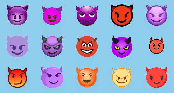 Picture illustration of the different looks of the smiley face emoji with horns