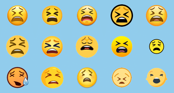 Picture illustration of the different looks of the tired face emoji