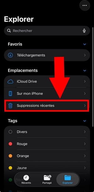 「iPhoneのファイル」での最近の削除