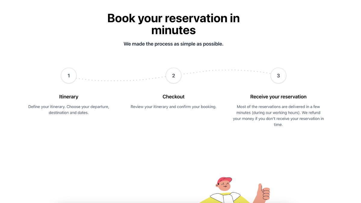 Skærmbillede af Get onward ticket service interface og de involverede trin